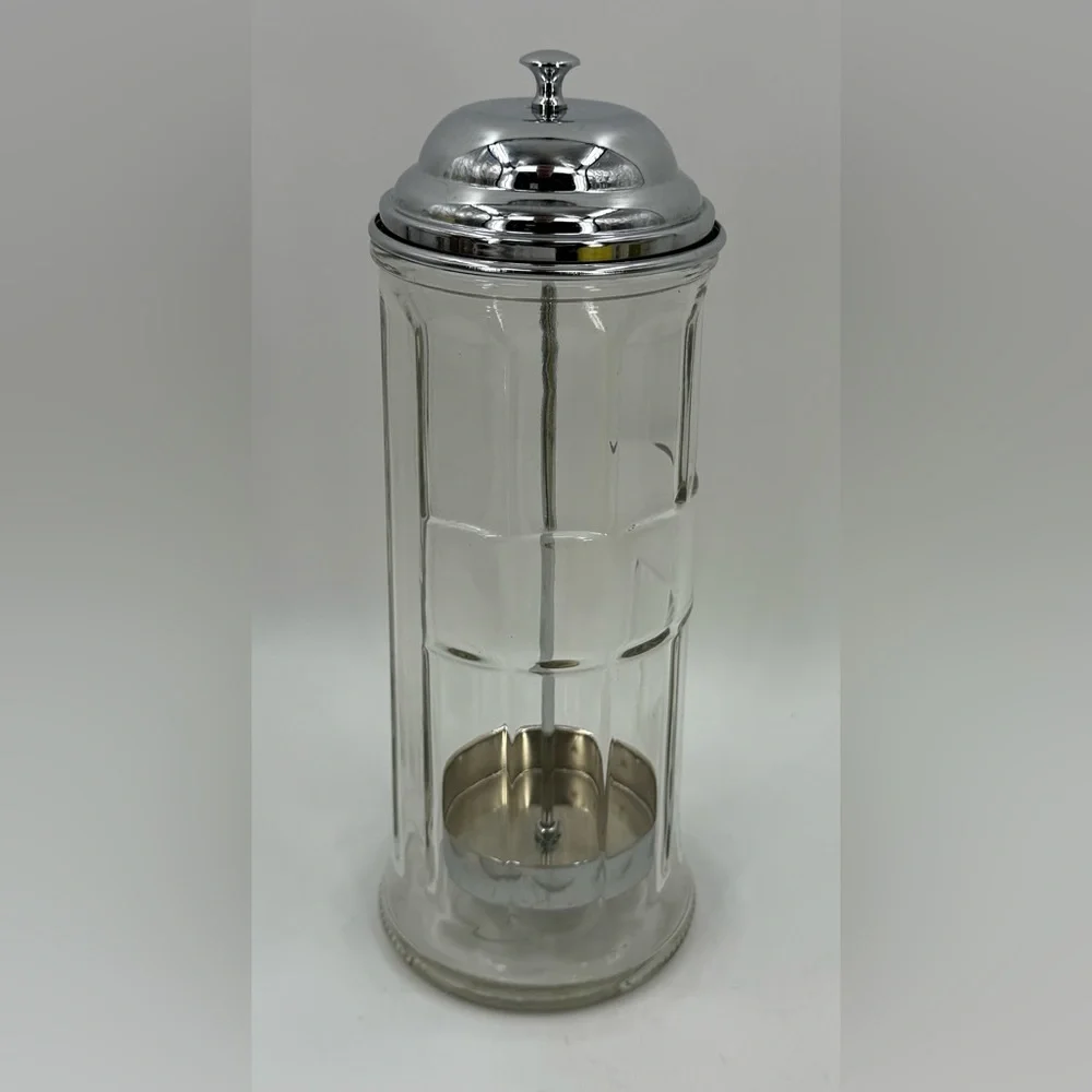 Straw Dispenser 11 Inch Vintage Heavy TableCraft Paneled‎ Clear Glass Metal Lift